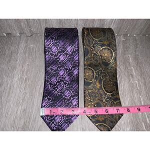 Men's MENZ Silk Necktie 2 pc Set Purple & Black Floral‎ Geometric Design